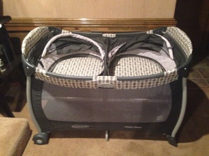 Graco Twin Pack 'n Play so that the babies would have a place to hang out downstairs.